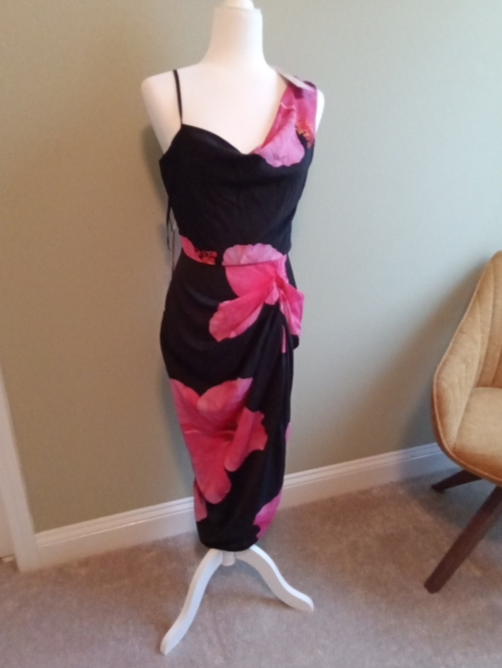Black & Pink Floral One-Shoulder Midi Dress
